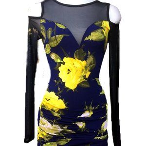 IPONA Collection Floral Ruched Short Dress Mesh Long Sleeve Cold Shoulder S